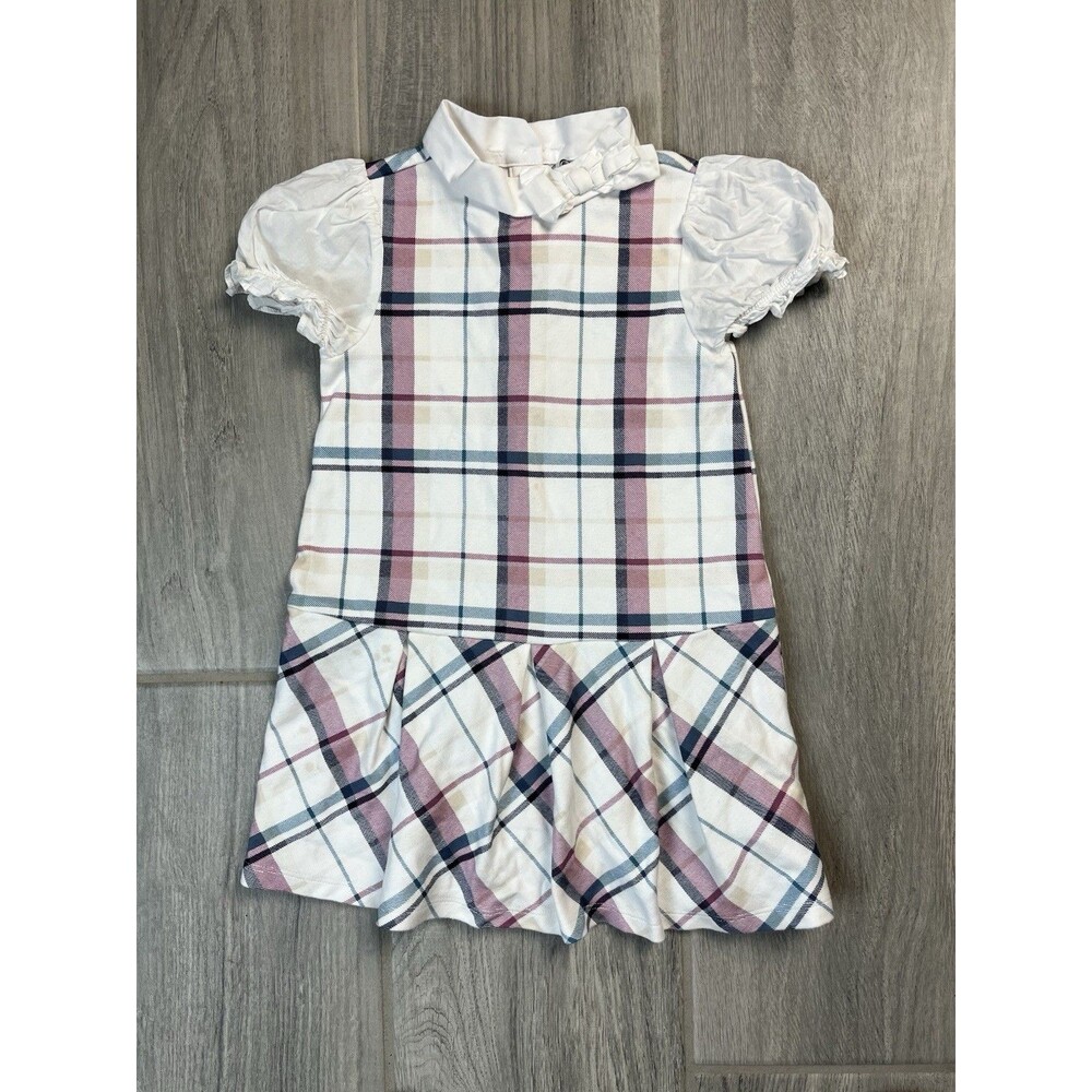 JANIE AND JACK Short Sleeve Drop Waist Dress 4 Collared w. Bow plaid.